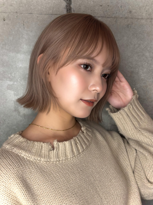 冬カラーショート大人かわいい小顔韓国へア艶感ピンクベージュ