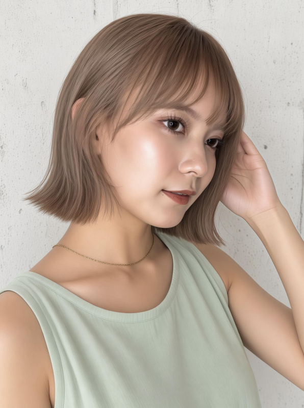 夏の切りっぱなしボブピンクベージュブリーチカラー